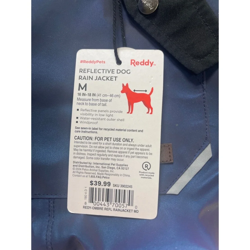 Reddy Reflective Dog Rain Jacket Blue Ombre Med Water Resistant Windproof NWT